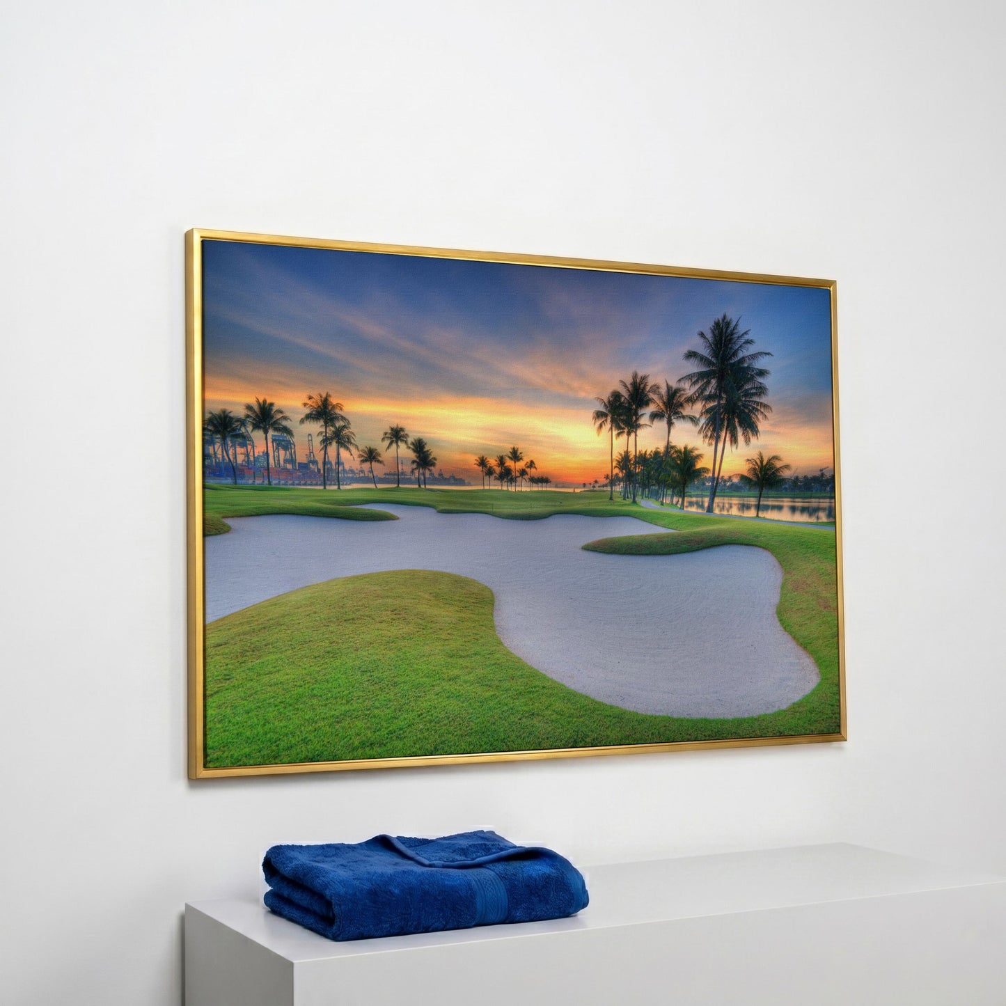 Golf Course Sunset Canvas Wall Art with Palm Trees and Sand Trap in yellow gold floating frame