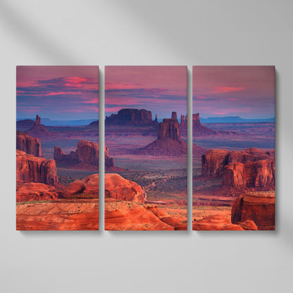 Monument Valley Sunset Canvas Art, Southwest Desert Landscape as 3-panel split version