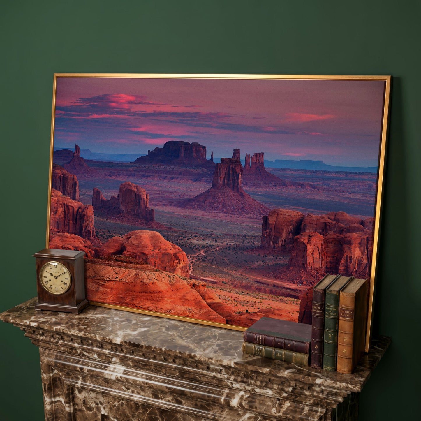 Monument Valley Sunset Canvas Art, Southwest Desert Landscape in antique gold floating frame