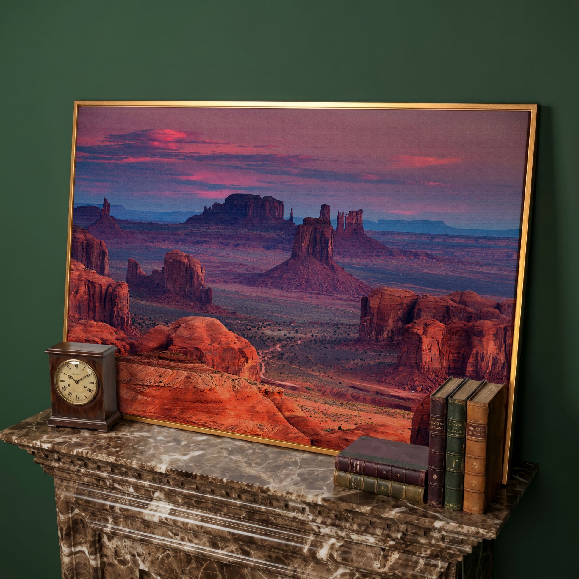 Monument Valley Sunset Canvas Art, Southwest Desert Landscape in antique gold floating frame