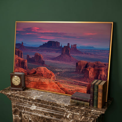 Monument Valley Sunset Canvas Art, Southwest Desert Landscape in antique gold floating frame