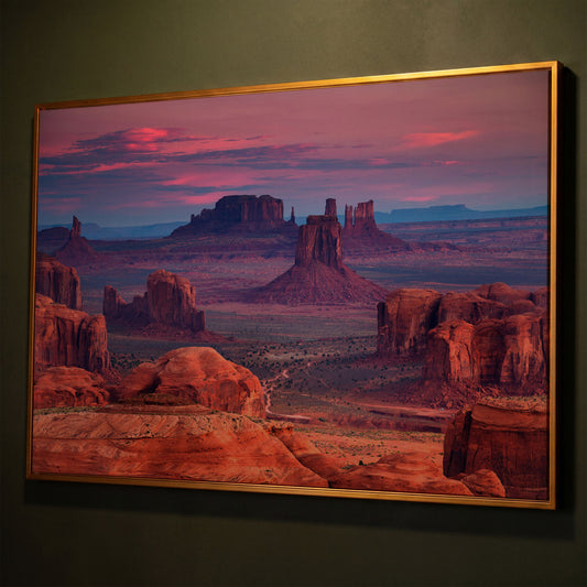 Monument Valley Sunset Canvas Art, Southwest Desert Landscape shown in antique gold floating frame