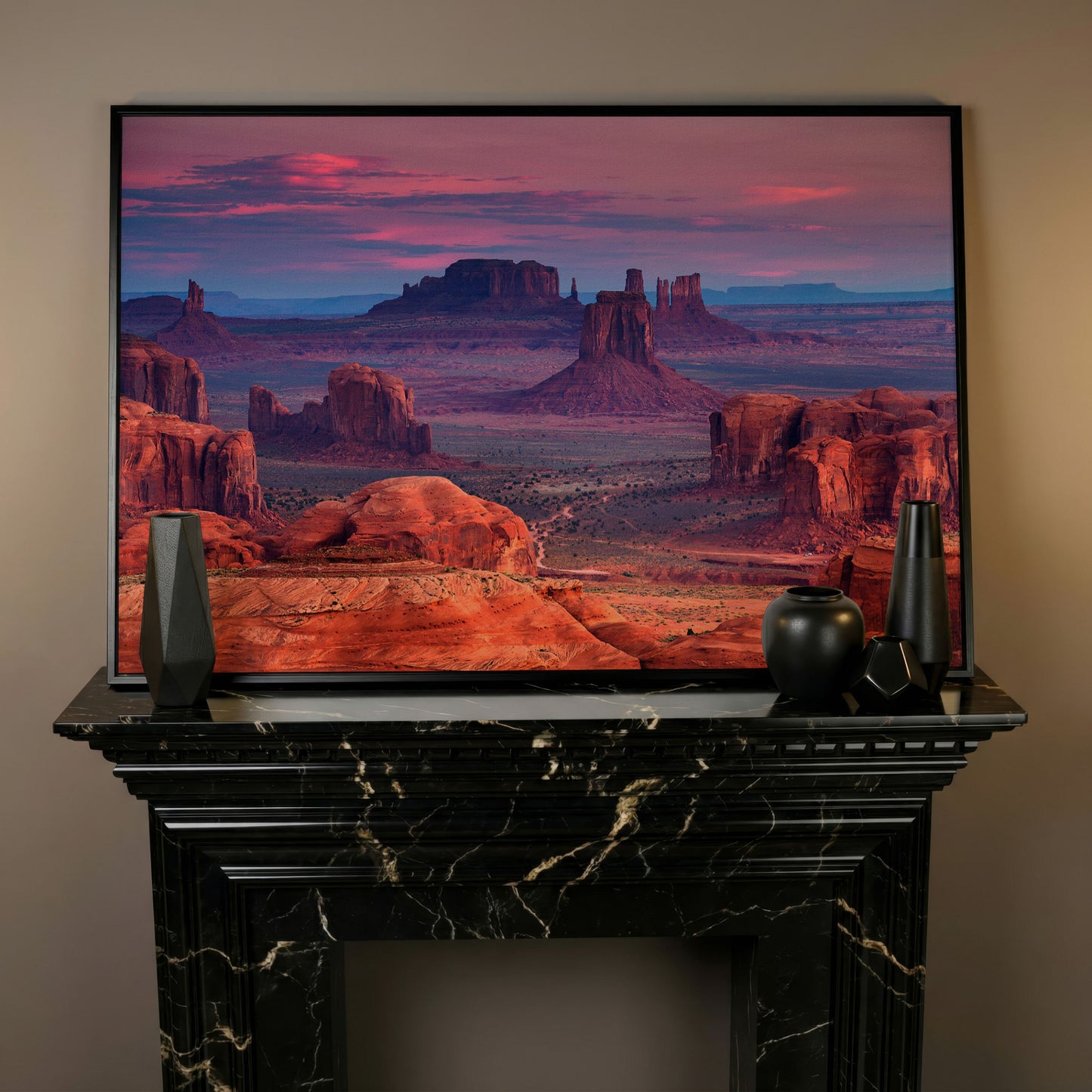 Monument Valley Sunset Canvas Art, Southwest Desert Landscape in black floating frame