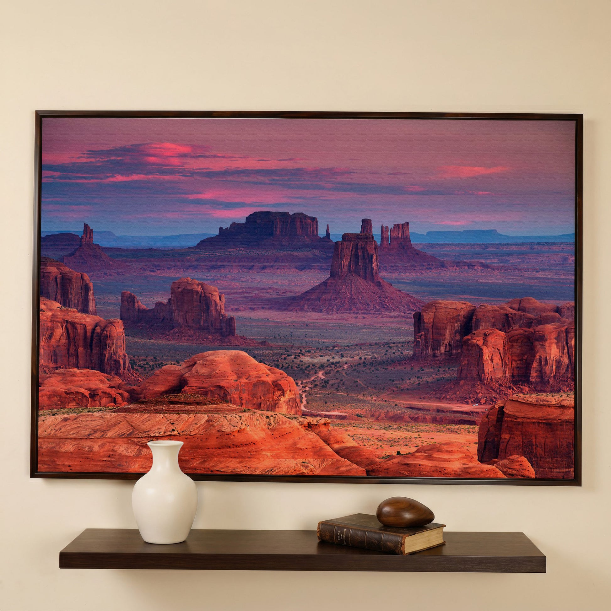 Monument Valley Sunset Canvas Art, Southwest Desert Landscape in dark walnut floating frame