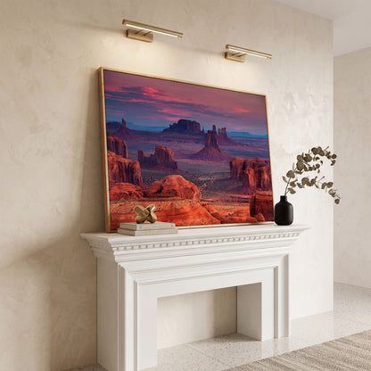 Monument Valley Sunset Canvas Art, Southwest Desert Landscape in white oak floating frame