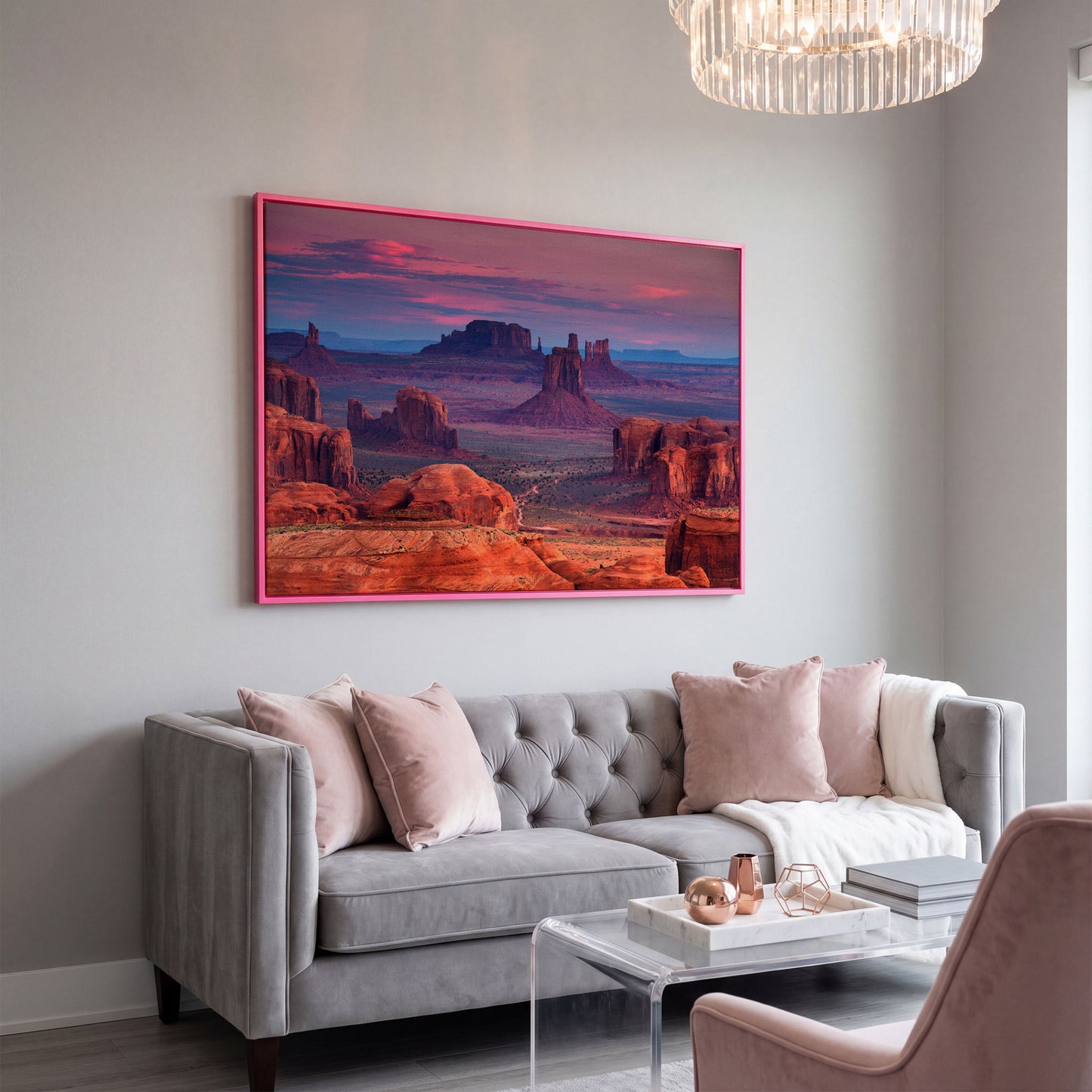 Monument Valley Sunset Canvas Art, Southwest Desert Landscape in pink floating frame