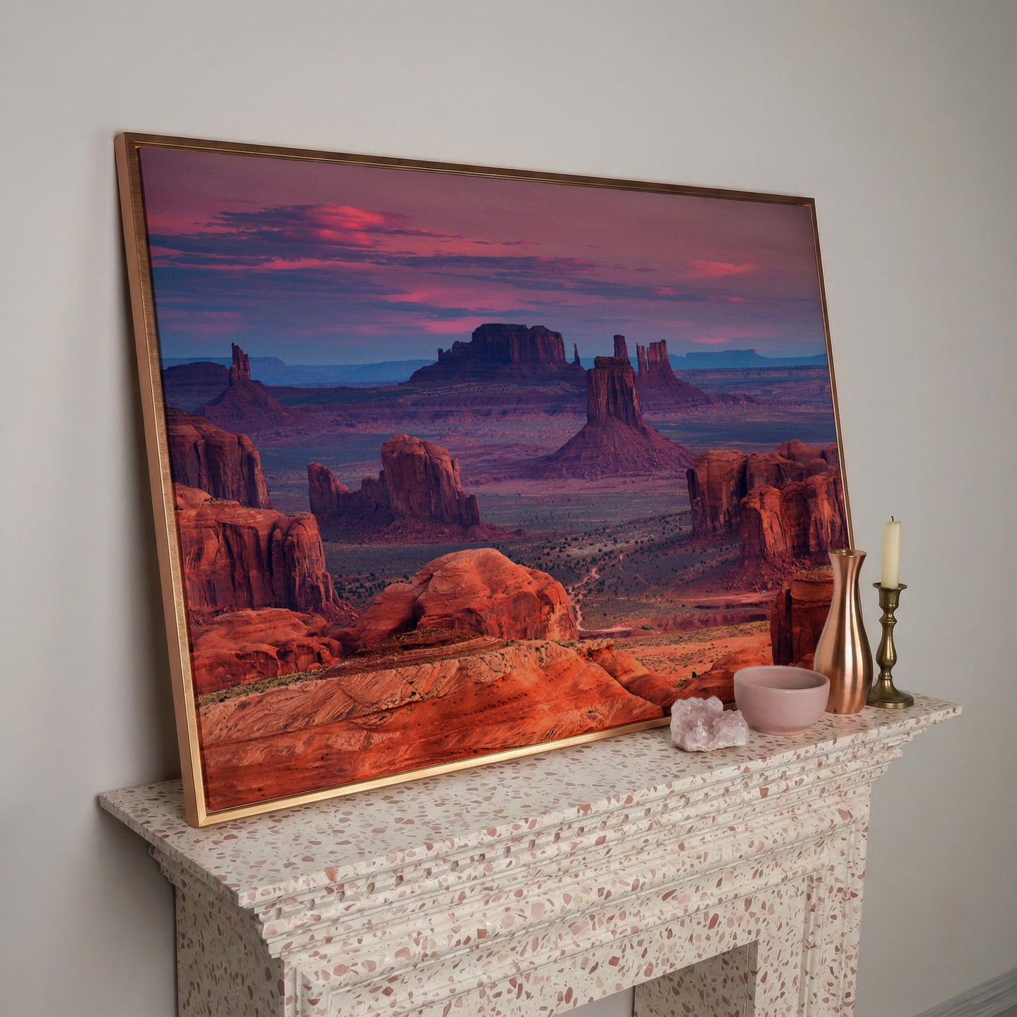 Monument Valley Sunset Canvas Art, Southwest Desert Landscape in rose gold floating frame