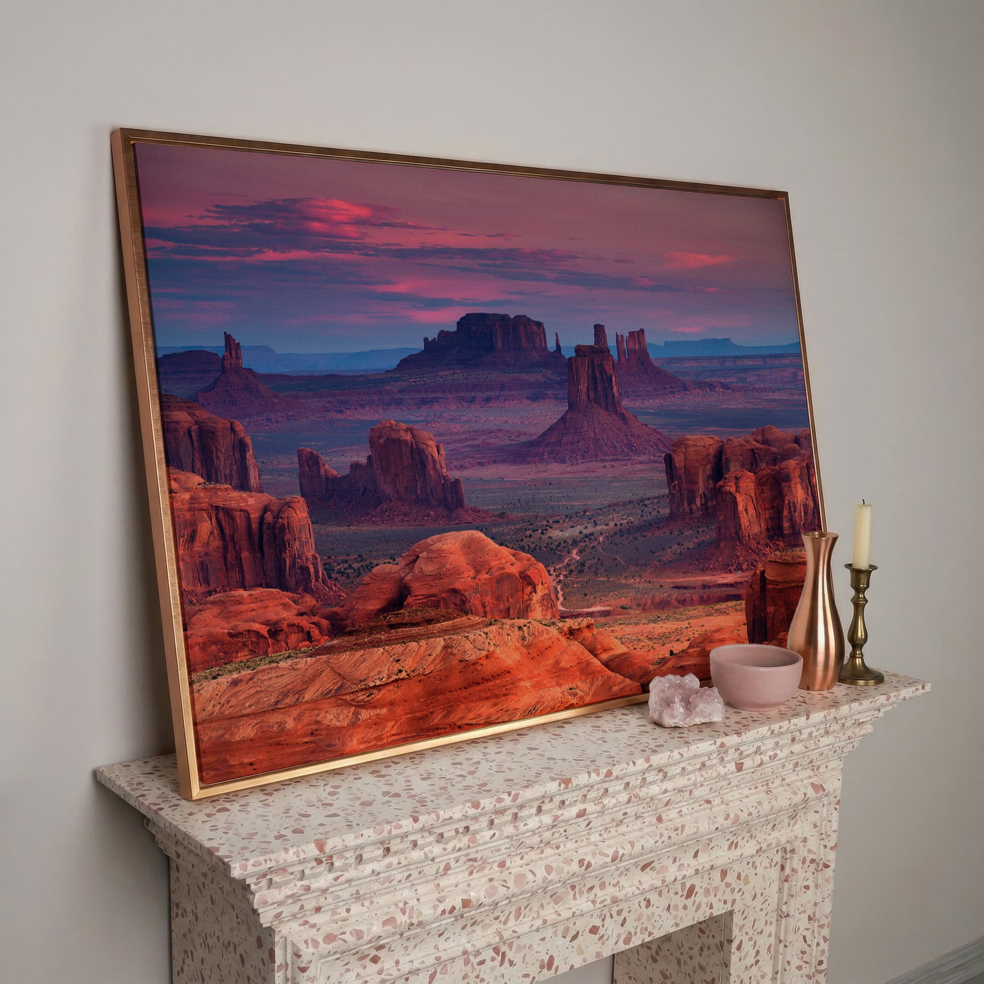 Monument Valley Sunset Canvas Art, Southwest Desert Landscape in rose gold floating frame