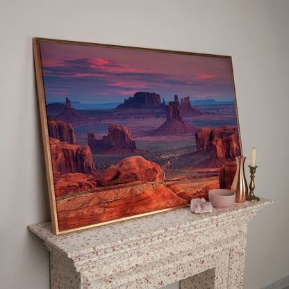 Monument Valley Sunset Canvas Art, Southwest Desert Landscape in rose gold floating frame