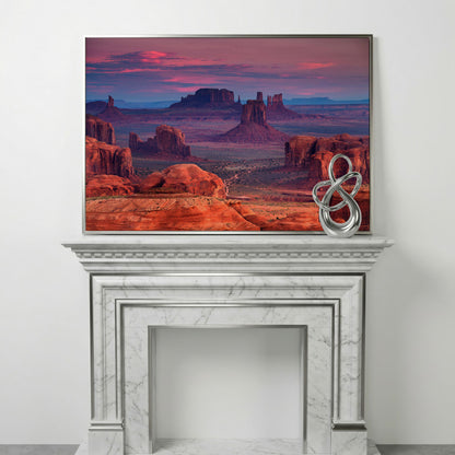 Monument Valley Sunset Canvas Art, Southwest Desert Landscape in silver floating frame