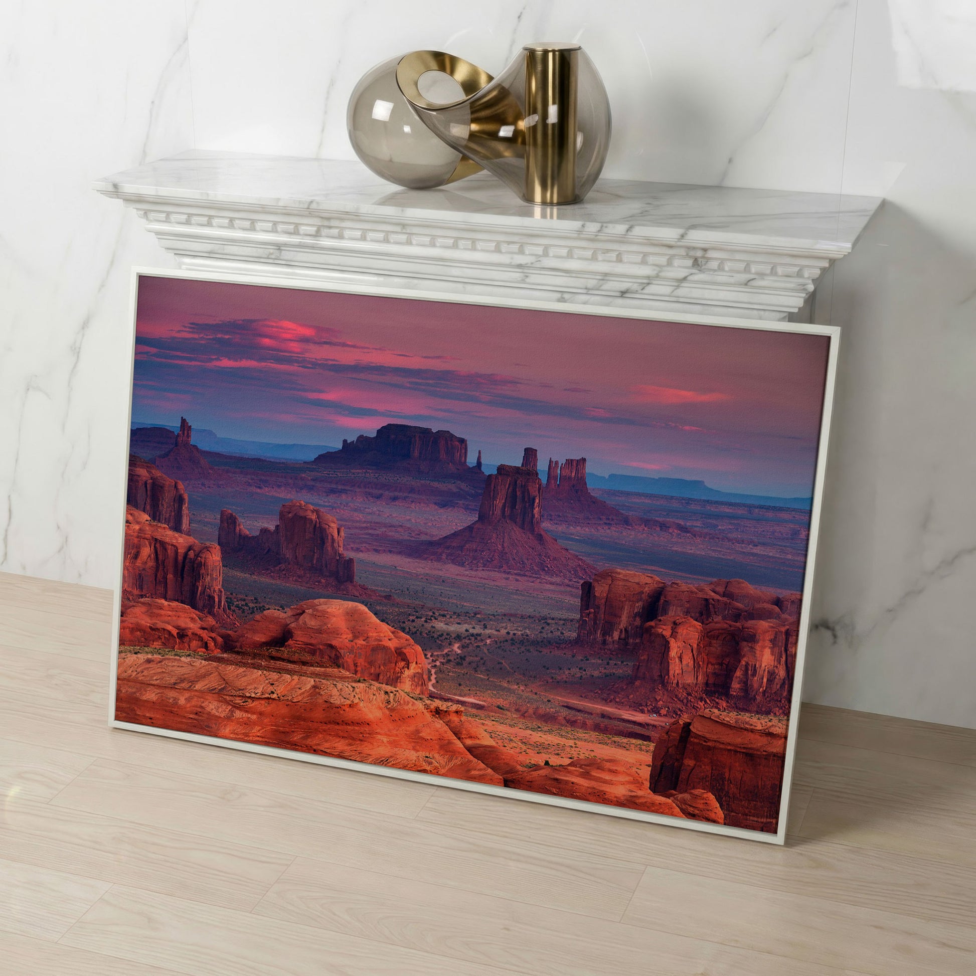 Monument Valley Sunset Canvas Art, Southwest Desert Landscape in white floating frame