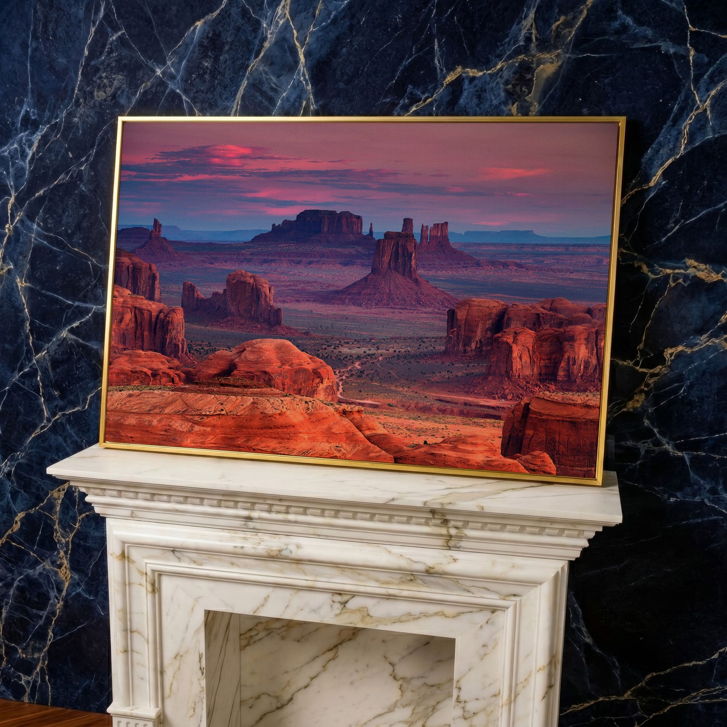 Monument Valley Sunset Canvas Art, Southwest Desert Landscape in yellow gold floating frame