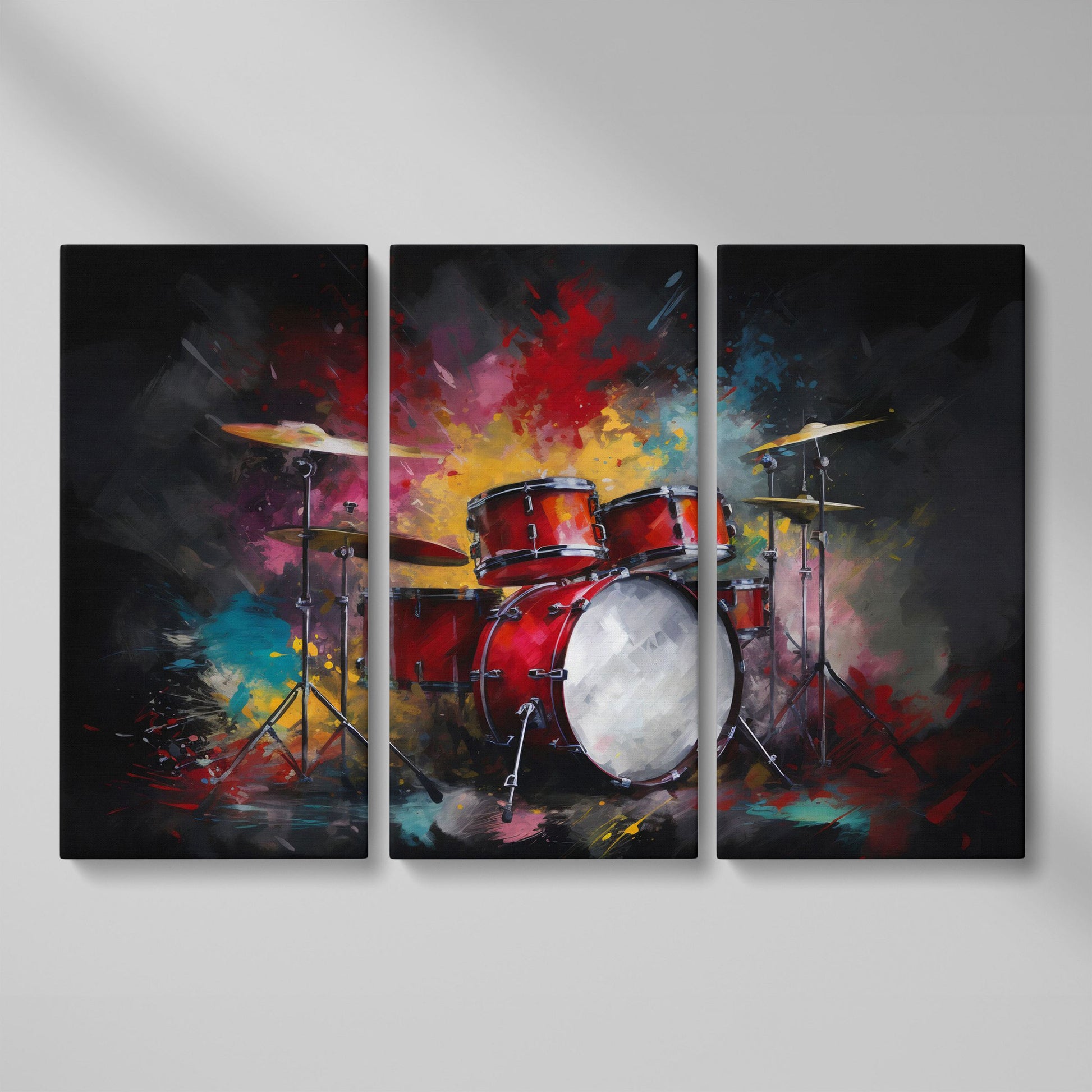 Drum Set Canvas Wall Art. Bold Rock Music Print for Music Rooms as 3-panel split version