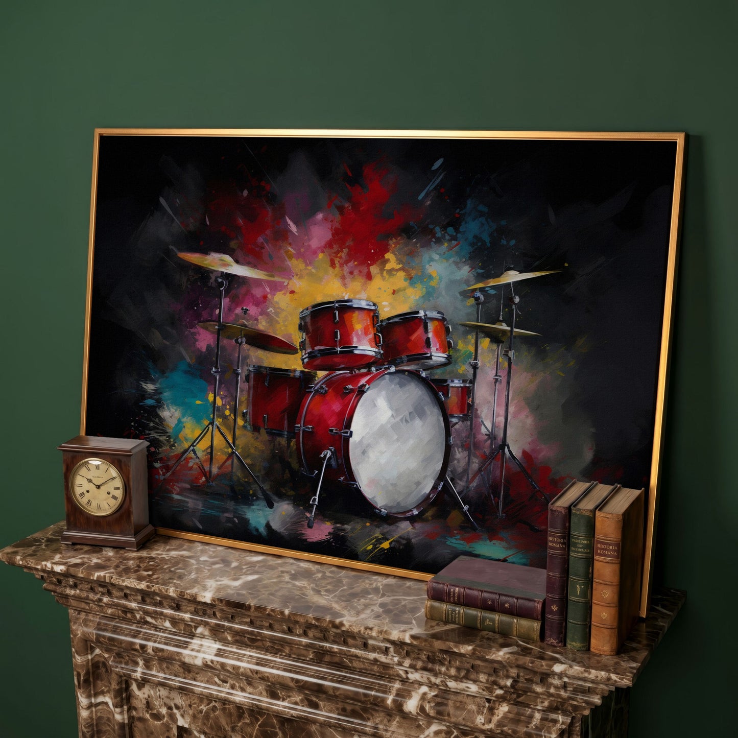 Drum Set Canvas Wall Art. Bold Rock Music Print for Music Rooms in antique gold floating frame