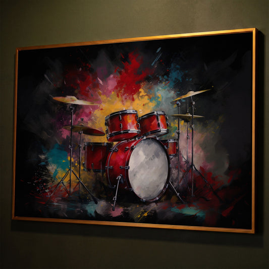 Drum Set Canvas Wall Art. Bold Rock Music Print for Music Rooms shown in antique gold floating frame