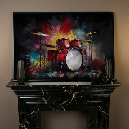 Drum Set Canvas Wall Art. Bold Rock Music Print for Music Rooms in black floating frame