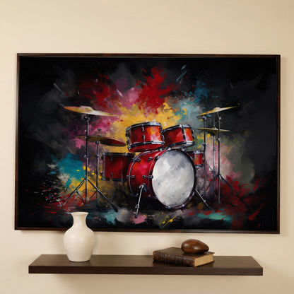 Drum Set Canvas Wall Art. Bold Rock Music Print for Music Rooms in dark walnut floating frame
