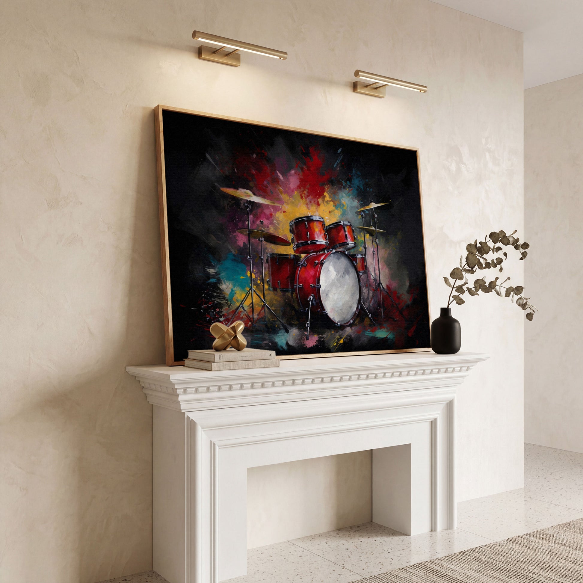 Drum Set Canvas Wall Art. Bold Rock Music Print for Music Rooms in white oak floating frame