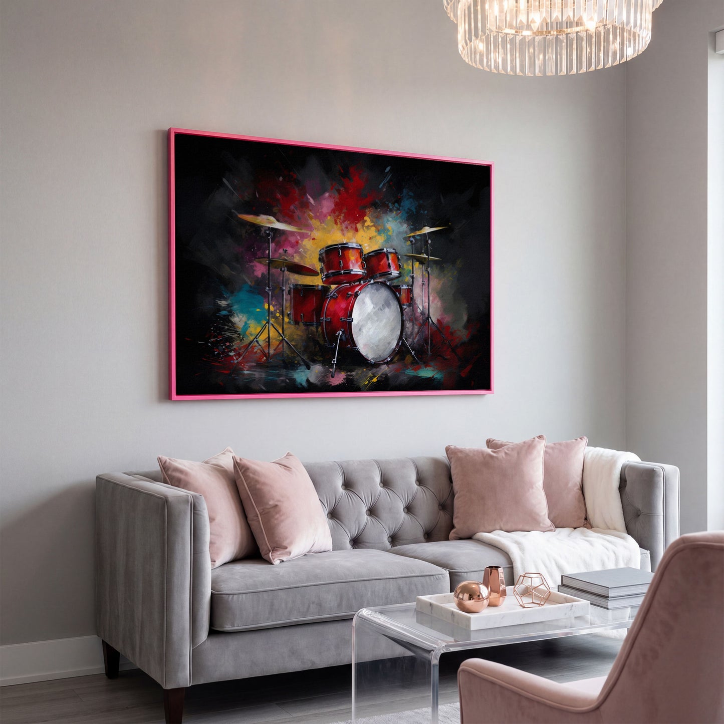 Drum Set Canvas Wall Art. Bold Rock Music Print for Music Rooms in pink floating frame