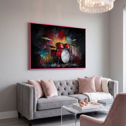 Drum Set Canvas Wall Art. Bold Rock Music Print for Music Rooms in pink floating frame