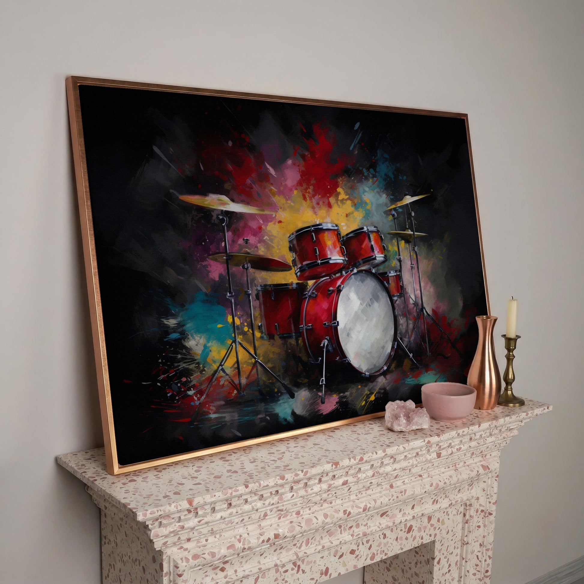 Drum Set Canvas Wall Art. Bold Rock Music Print for Music Rooms in rose gold floating frame