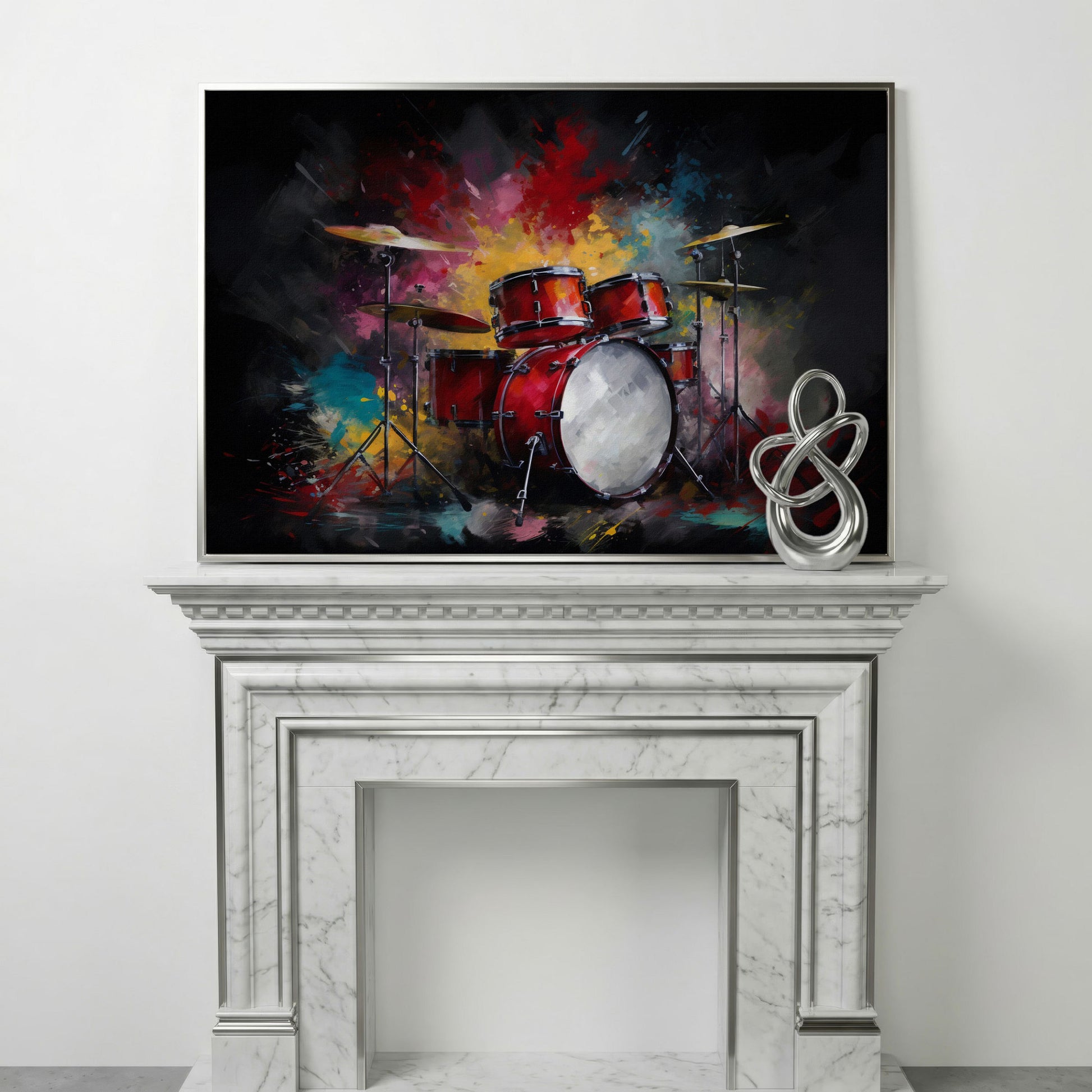 Drum Set Canvas Wall Art. Bold Rock Music Print for Music Rooms in silver floating frame