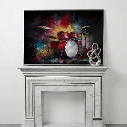 Drum Set Canvas Wall Art. Bold Rock Music Print for Music Rooms in silver floating frame