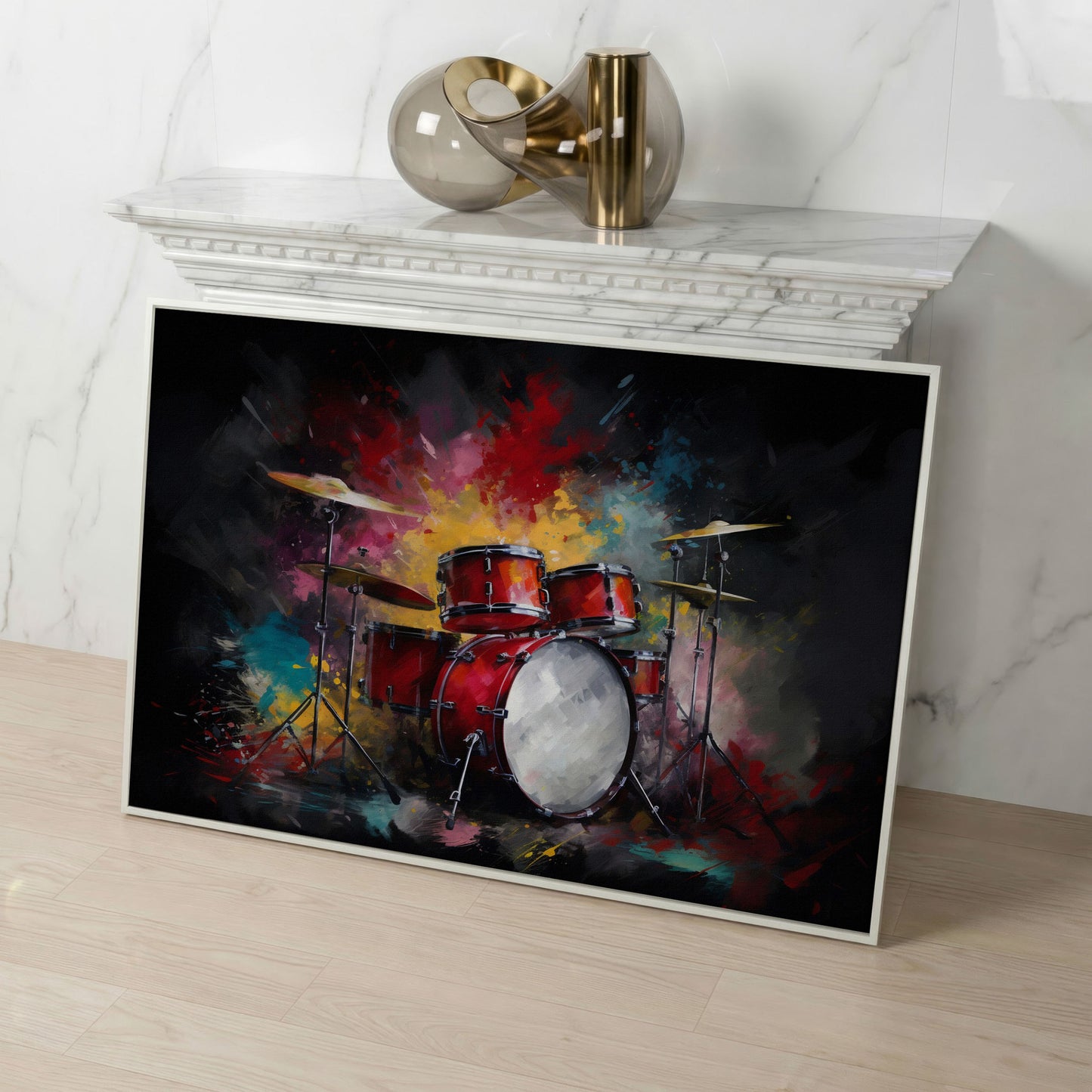 Drum Set Canvas Wall Art. Bold Rock Music Print for Music Rooms in white floating frame