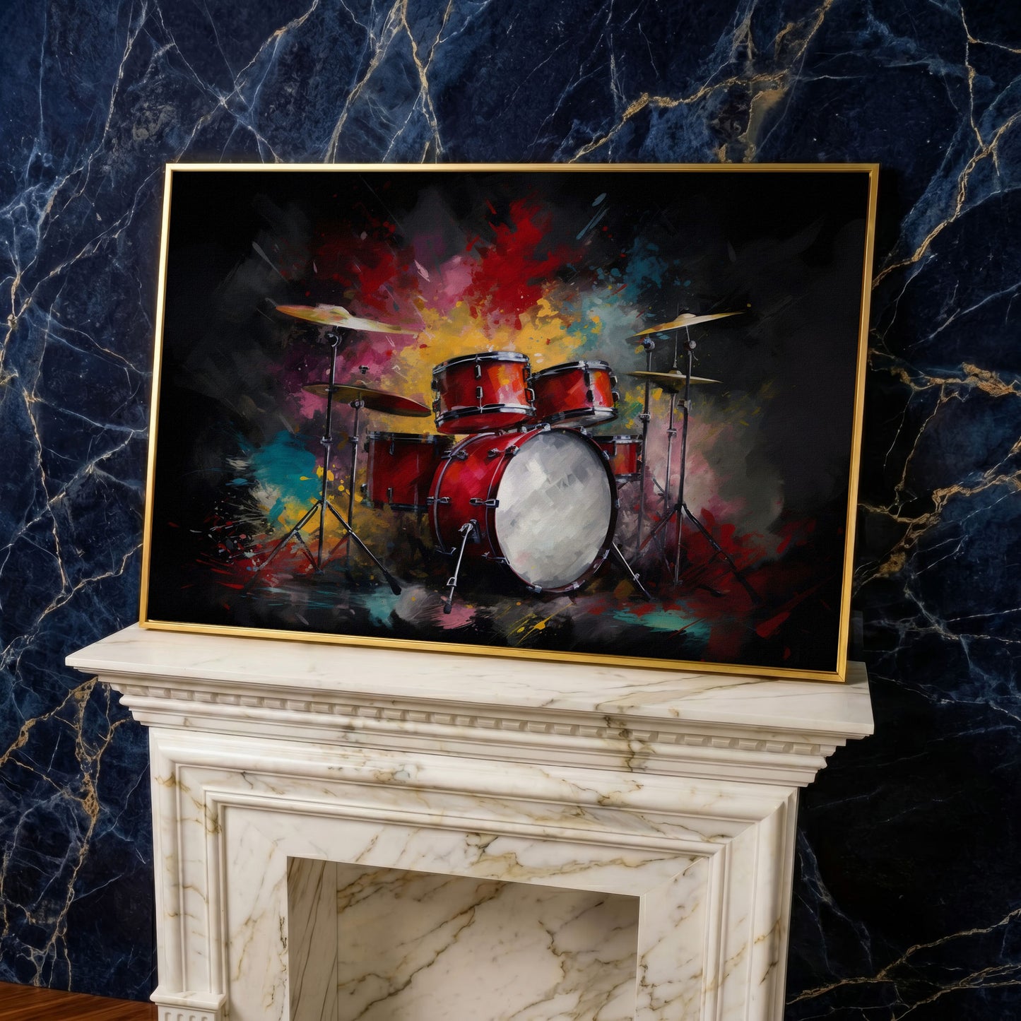 Drum Set Canvas Wall Art. Bold Rock Music Print for Music Rooms in yellow gold floating frame