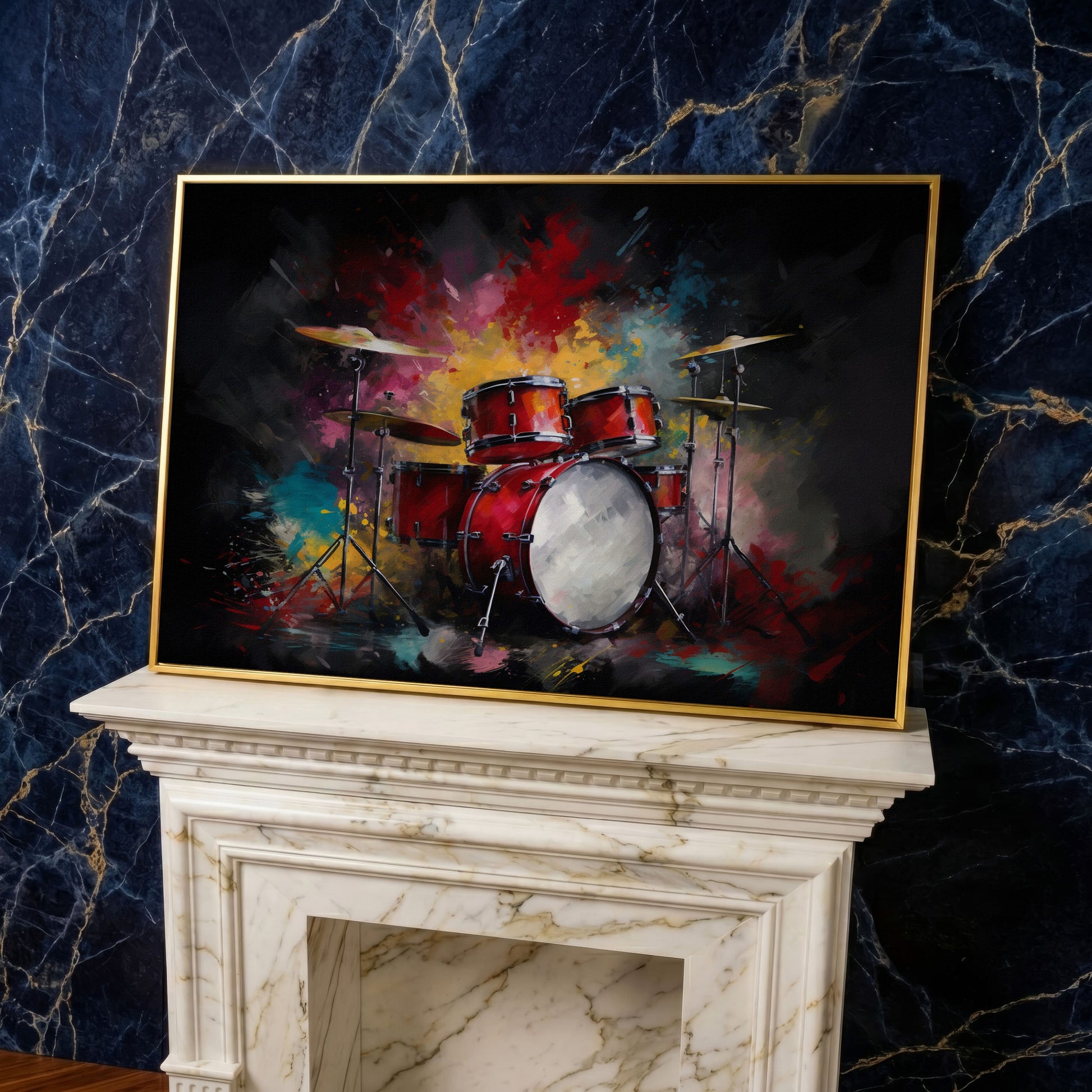 Drum Set Canvas Wall Art. Bold Rock Music Print for Music Rooms in yellow gold floating frame