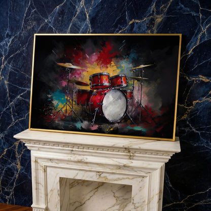 Drum Set Canvas Wall Art. Bold Rock Music Print for Music Rooms in yellow gold floating frame