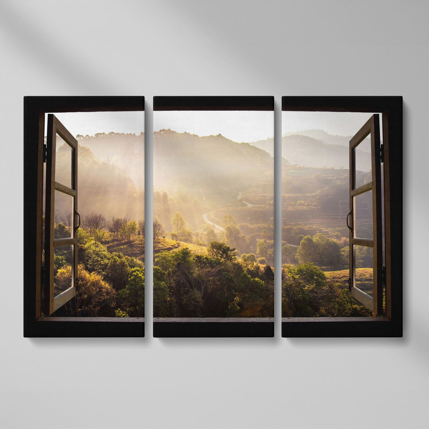 Mountain View Through an Open Window Canvas Wall Art as 3-panel split version