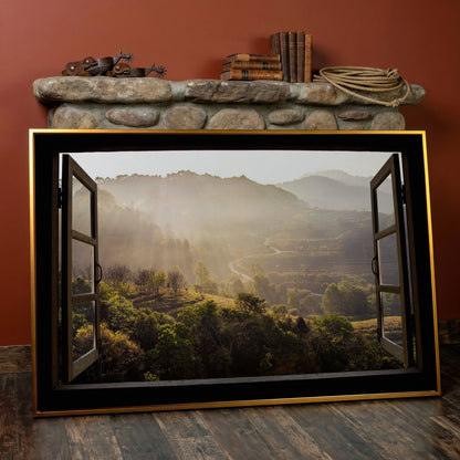 Mountain View Through an Open Window Canvas Wall Art in antique gold floating frame