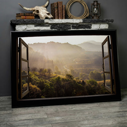 Mountain View Through an Open Window Canvas Wall Art in black floating frame
