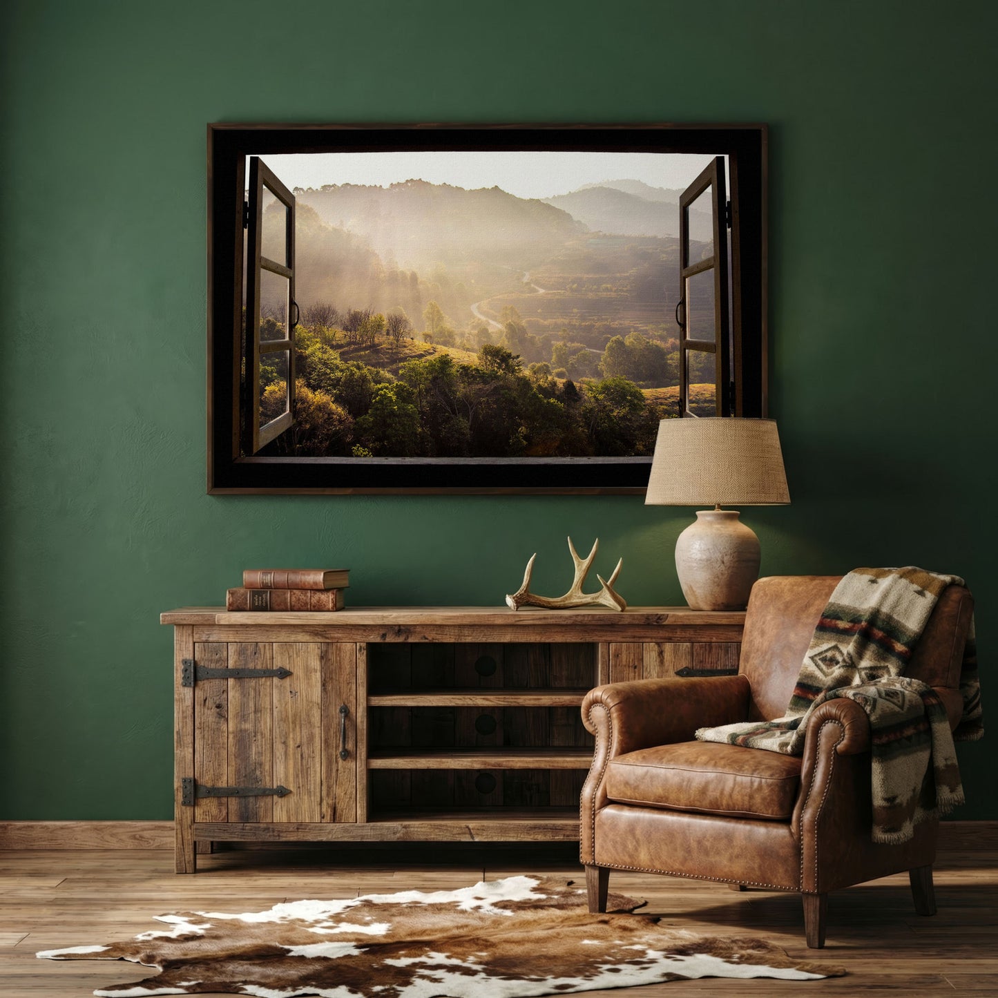 Mountain View Through an Open Window Canvas Wall Art in dark walnut floating frame