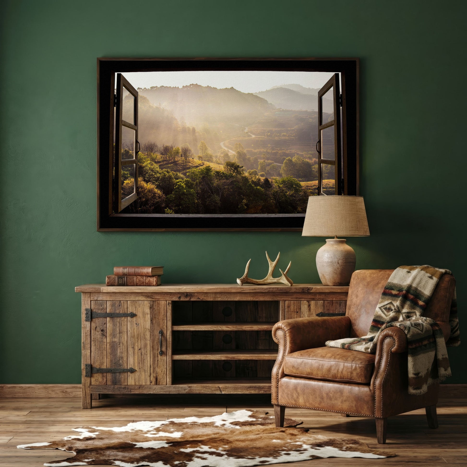 Mountain View Through an Open Window Canvas Wall Art in dark walnut floating frame