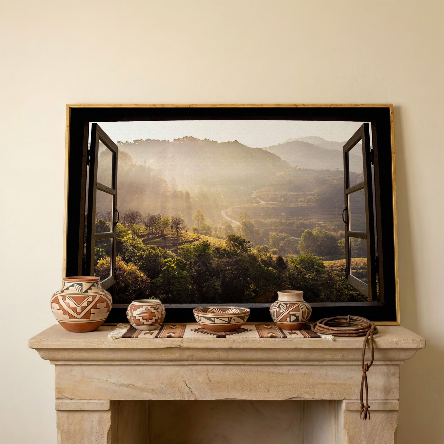 Mountain View Through an Open Window Canvas Wall Art in white oak floating frame
