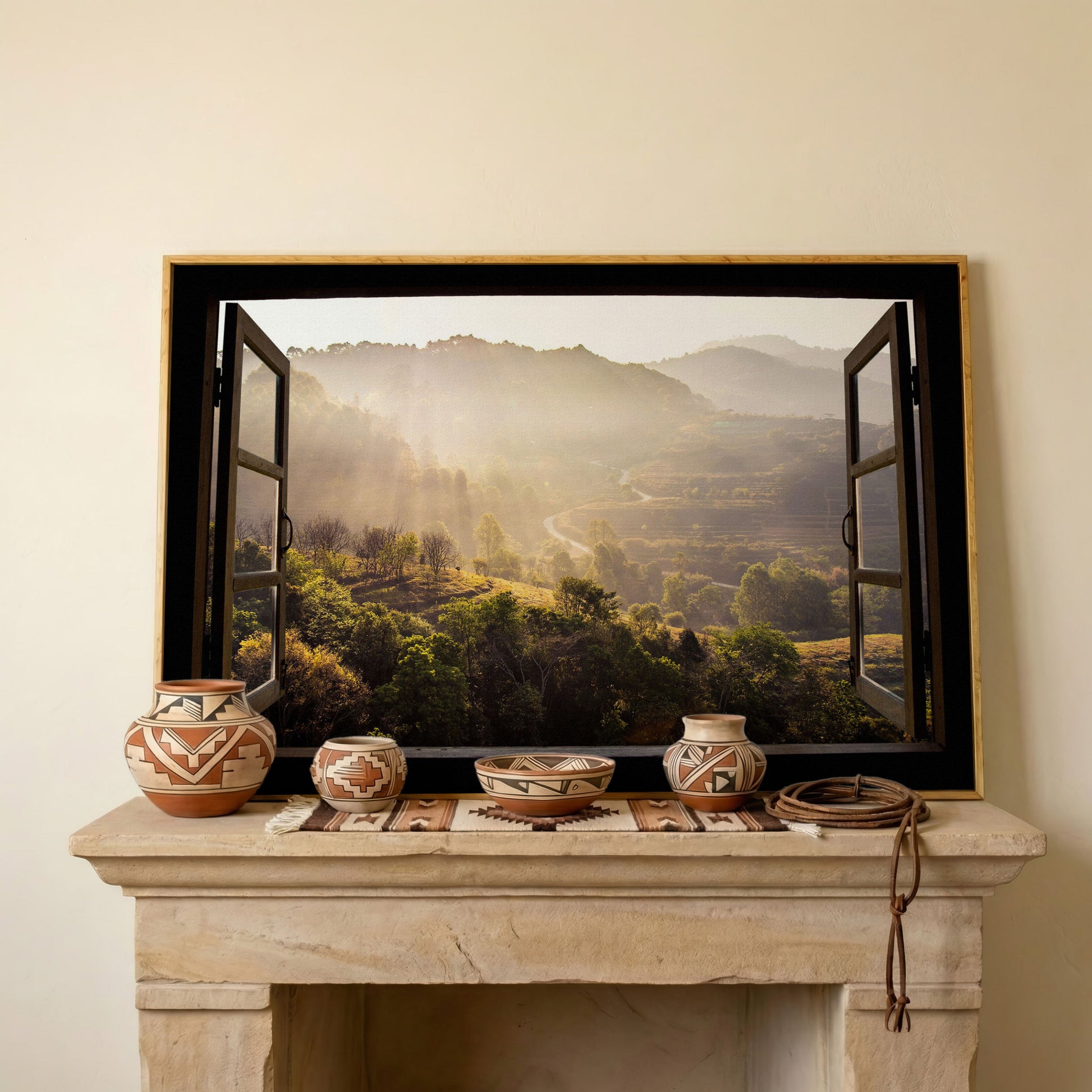 Mountain View Through an Open Window Canvas Wall Art in white oak floating frame
