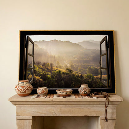 Mountain View Through an Open Window Canvas Wall Art in white oak floating frame