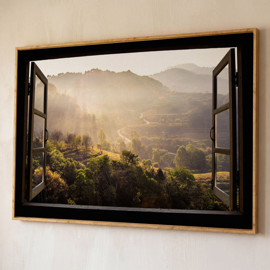 Mountain View Through an Open Window Canvas Wall Art shown in white oak floating frame
