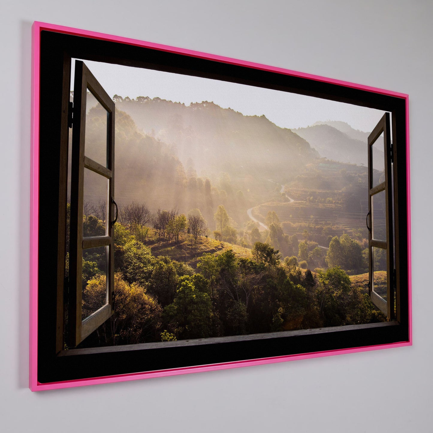 Mountain View Through an Open Window Canvas Wall Art in pink floating frame