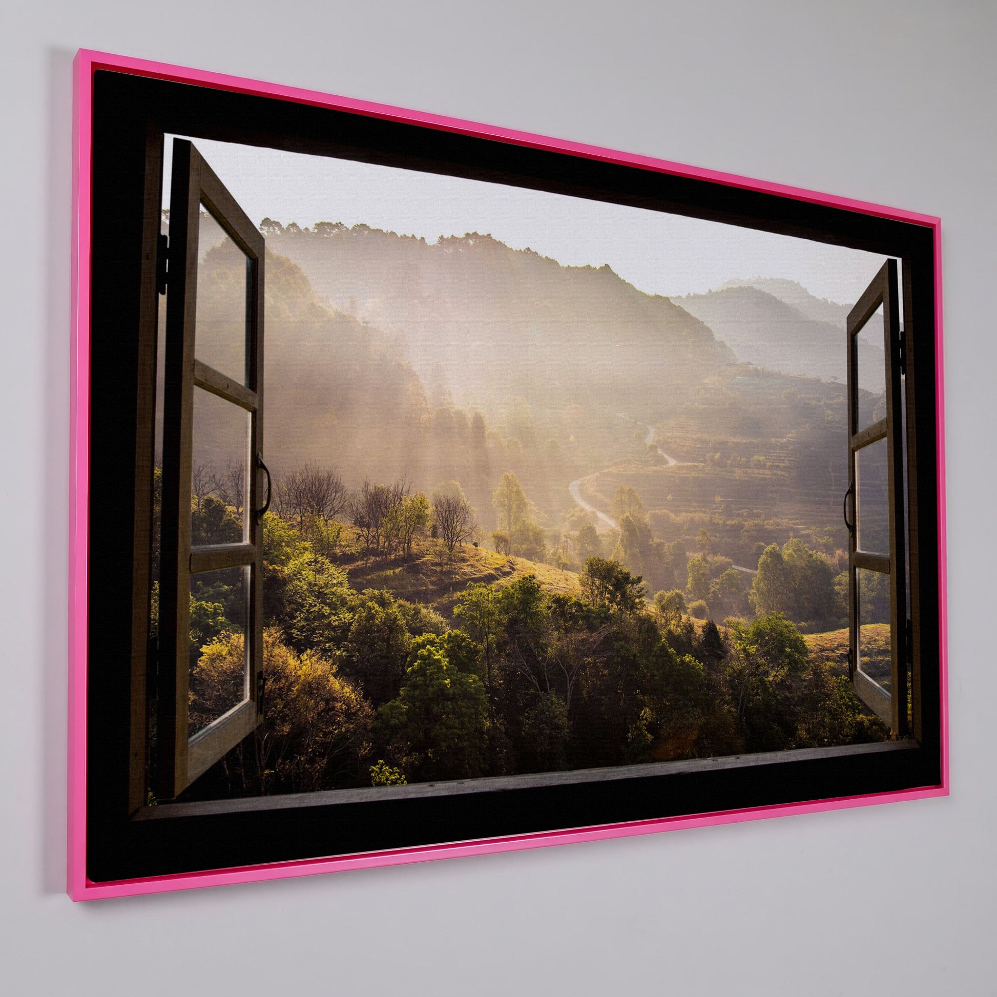 Mountain View Through an Open Window Canvas Wall Art in pink floating frame