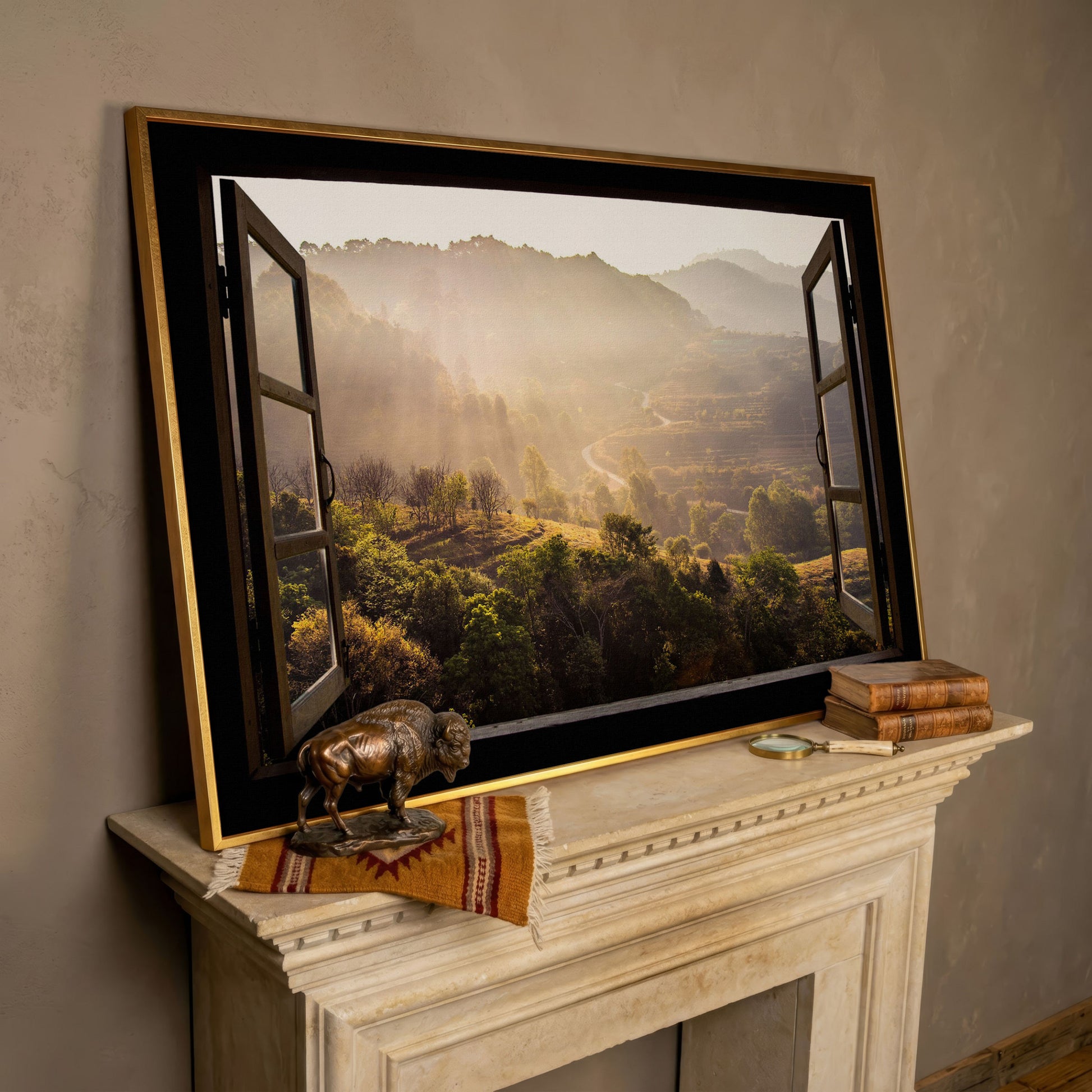 Mountain View Through an Open Window Canvas Wall Art in rose gold floating frame