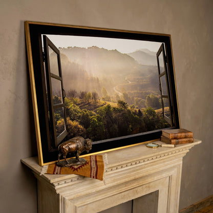 Mountain View Through an Open Window Canvas Wall Art in rose gold floating frame