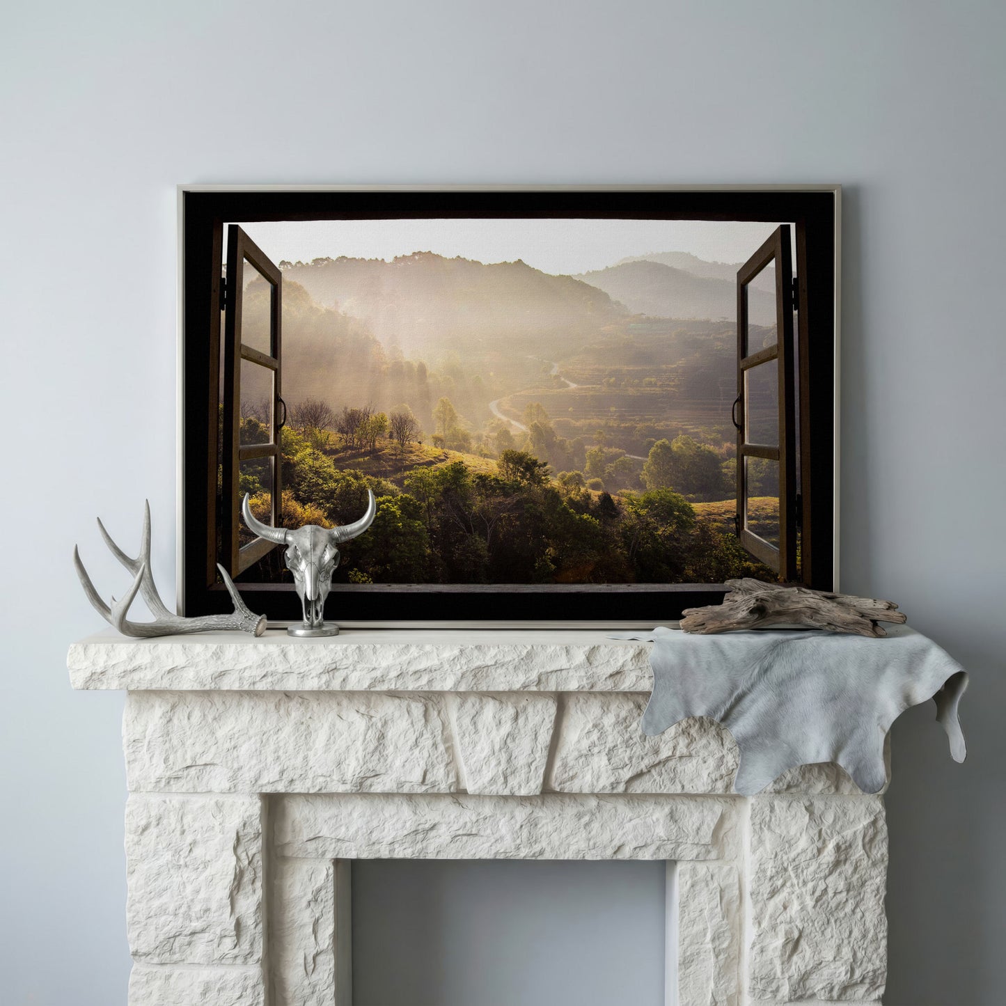 Mountain View Through an Open Window Canvas Wall Art in silver floating frame