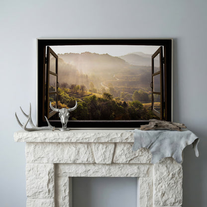 Mountain View Through an Open Window Canvas Wall Art in silver floating frame