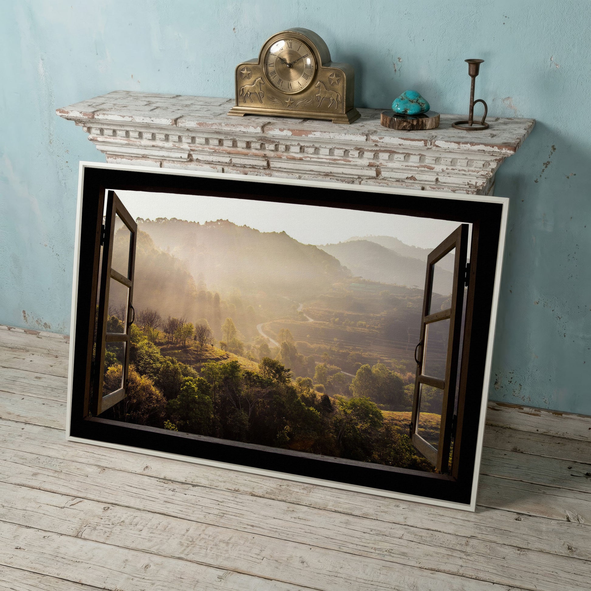 Mountain View Through an Open Window Canvas Wall Art in white floating frame
