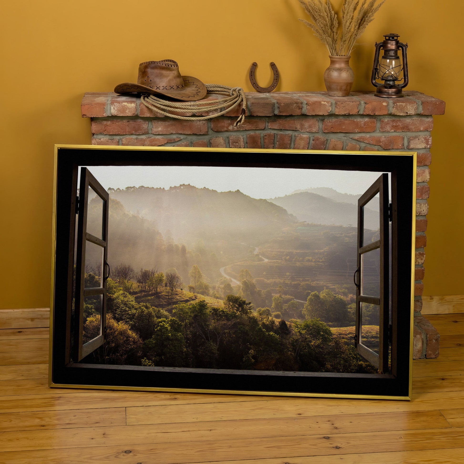 Mountain View Through an Open Window Canvas Wall Art in yellow gold floating frame