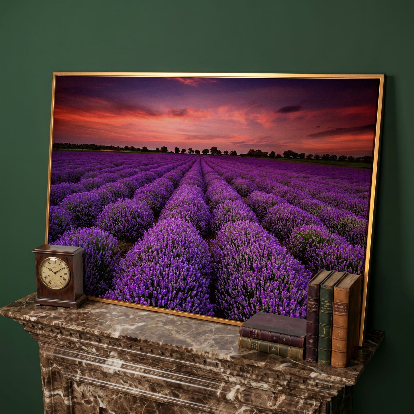 Lavender Field at Sunset Canvas Wall Art in antique gold floating frame