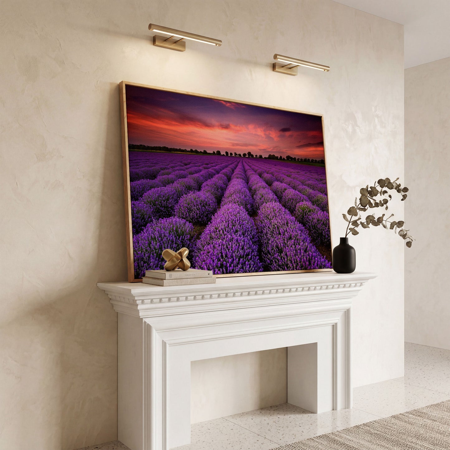 Lavender Field at Sunset Canvas Wall Art in white oak floating frame